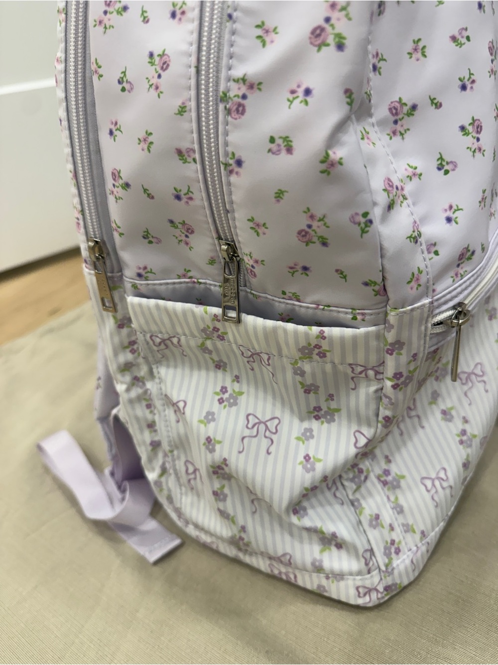 RARE & hard find Madden Girl Purple Bow Striped/Ditsy Dome Backpack with/ Charms - Picture 6 of 10